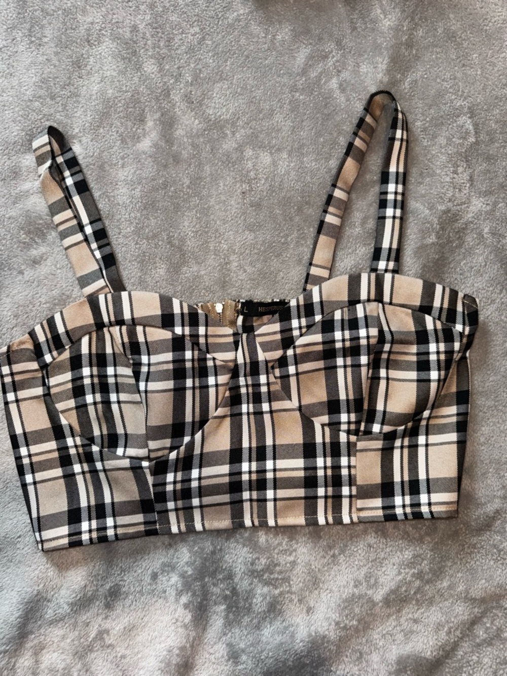 Plaid Bustier Crop Top in Beige, Black & Cream